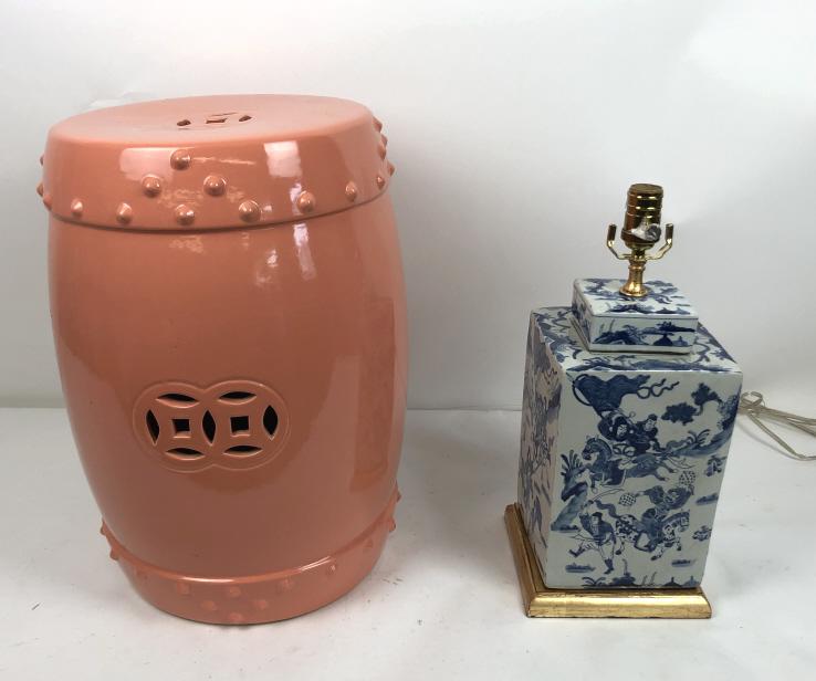 Porcelain garden seat: Together with Chinese style porcelain lamp Garden seat 20"h x 15" dia Condition, good