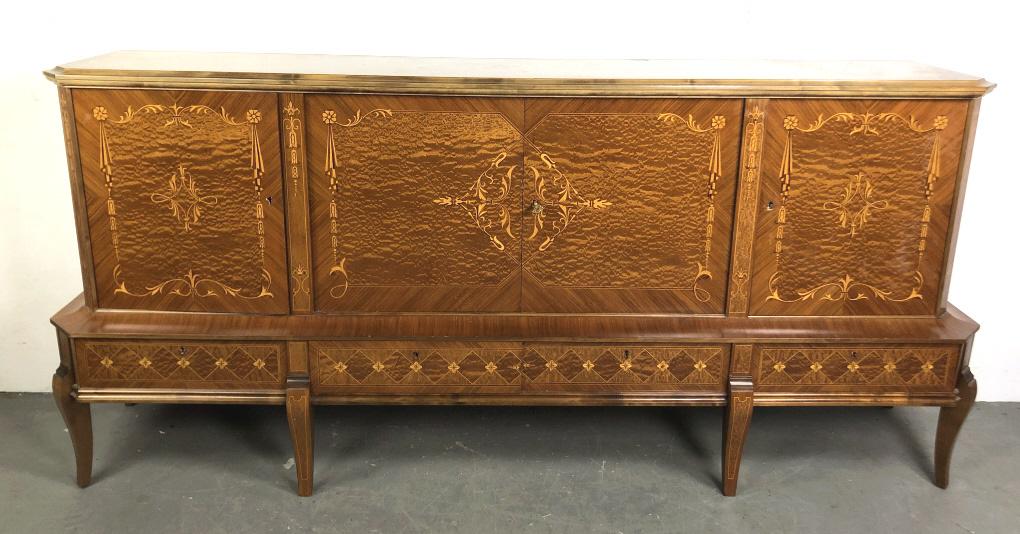 Italian style buffet with drinks cabinet: 436"h x 100"w x 21"d Condition, some missing escutcheon's, scratches and scuffs, damage around keyholes