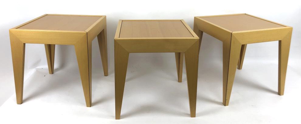 Group of three blond wood tables: Manufactured by Cassina 16 3/4"h 15 3/4" sq Condition, some minor scratches, light wear