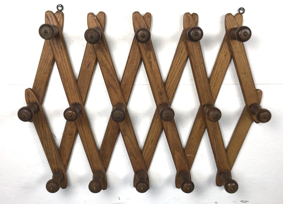 Oak adjustable coat rack: 24 1/2"h x 21 1/2" as shown on photos Condition, overall wear, some some scratches