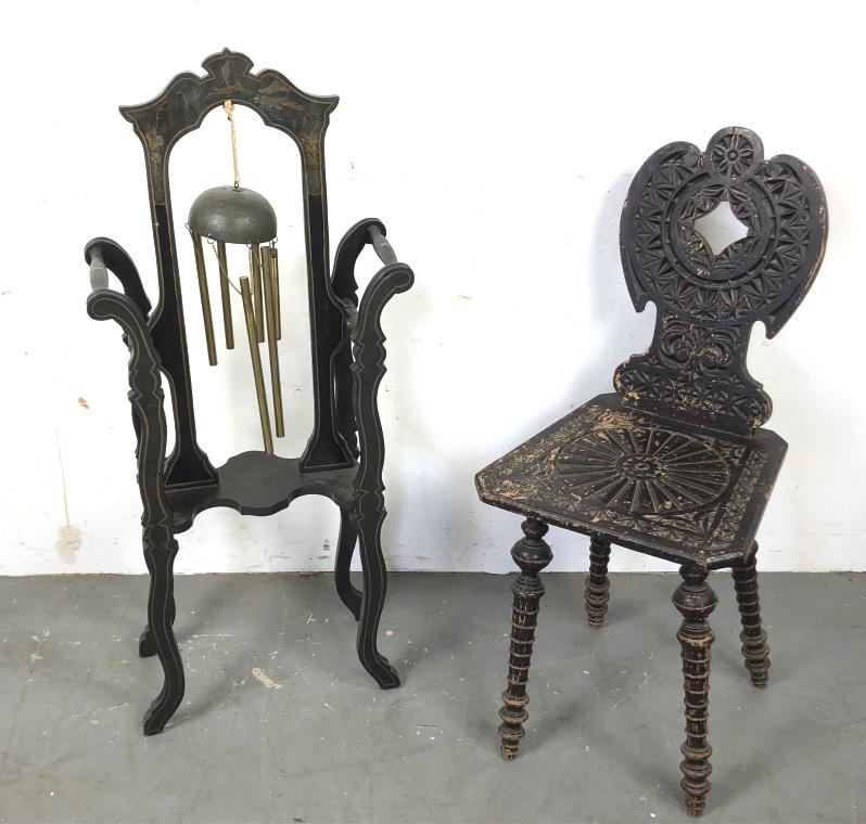 Hall chair and bell on stand: Stand 40 1/2"h 17"w x 9"d Condition, old repairs, worn finish