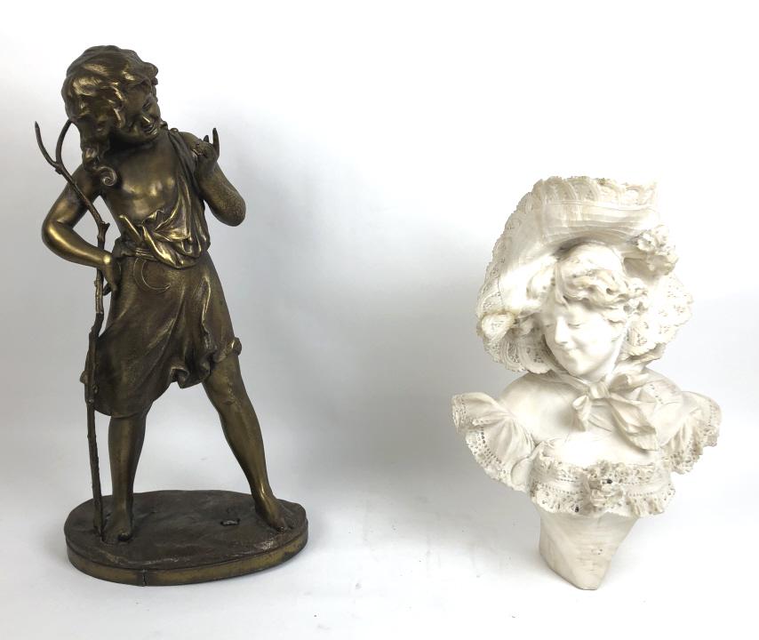 Alabaster bust together with white metal figure: Taller 25" Condition, old repairs, cracked metal and metal loss