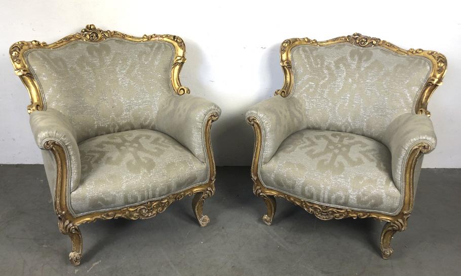 Pair of Louis XV style giltwood Berger's: 34 1/4"h x 31"w x 32"d Condition, some loss of carving on back rail, old repairs, gilt loss, scratches and scuffs