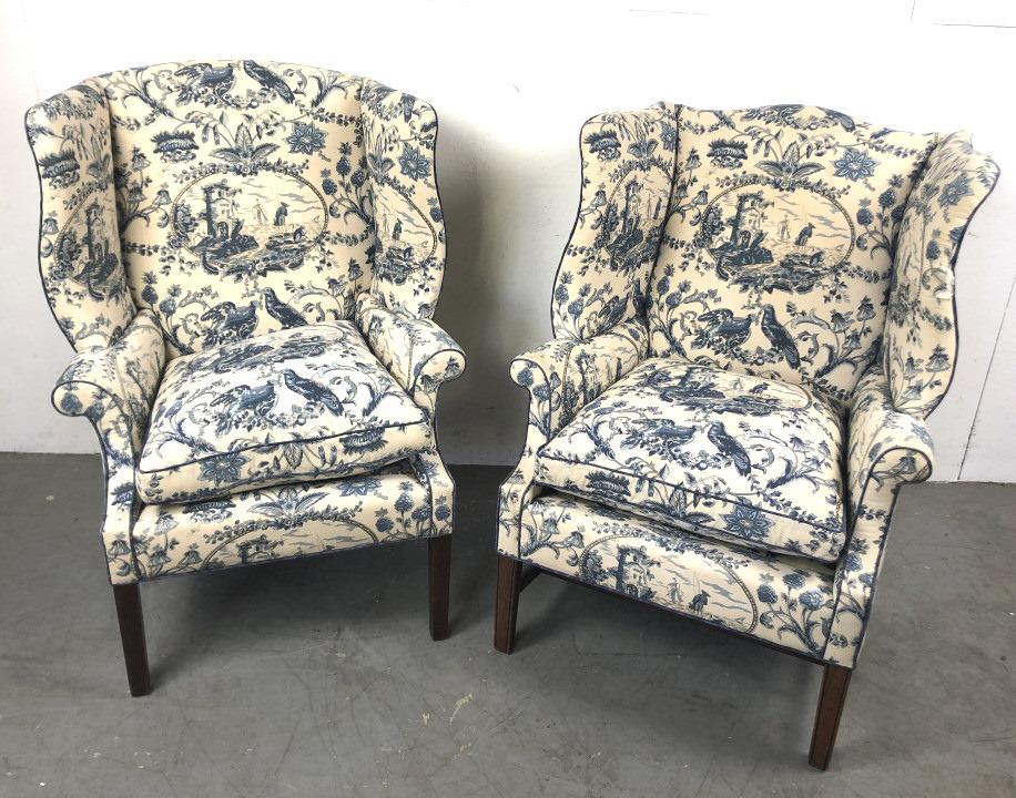 Pair of blue and white upholstered wingback chairs (1 of 7)