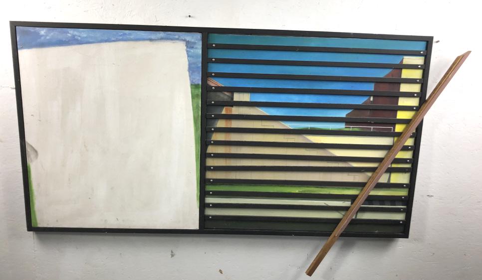 Steve Jaffe (American 1942-2009): Abstract Oil on canvas with wood slats, unsigned Overall 43 1/4"h x 73 1/4"d Condition, some scratches to wood, needs cleaning