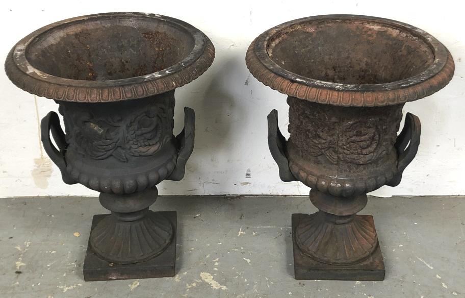 Pair of Neoclassical style cart iron urns (1 of 3)
