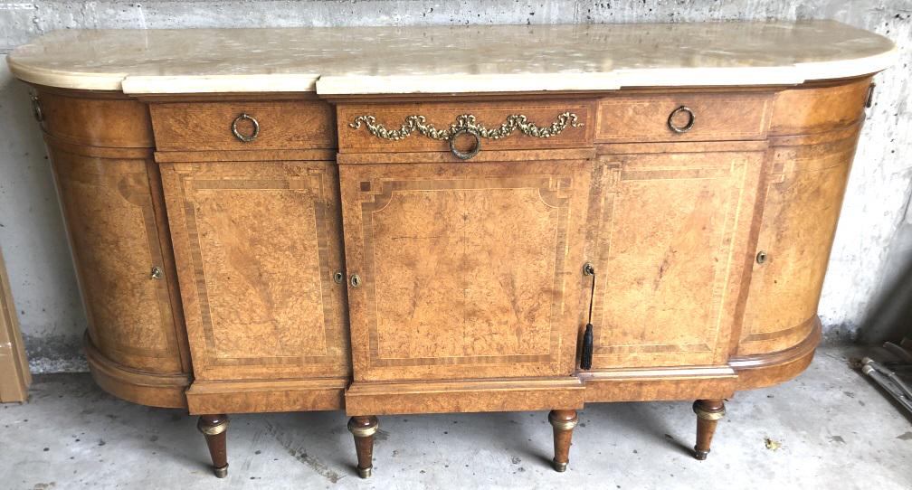 Louis XVI style burl wood and onyx top buffet: 39 1/2"h x 79"w x 24"d Condition, some minor chips , and scratches