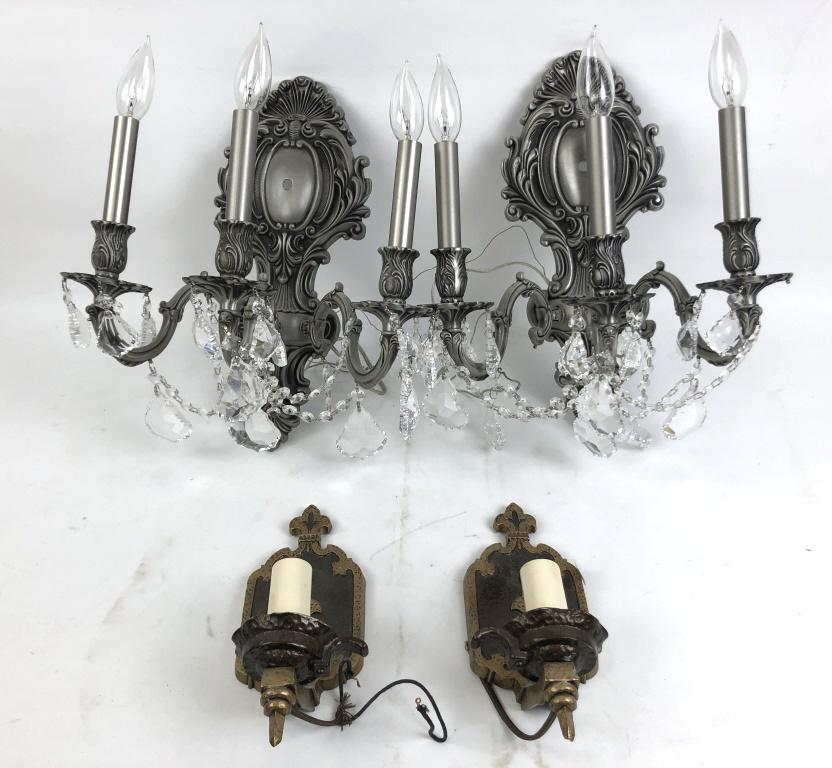 Two pairs of metal sconces: Larger 17"h 14"e Condition, untested, some loose and missing crystals