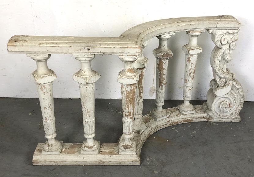 White painted wood banister railing: 27 1/2"h x 49 1/2"w Condition, paint loss overall wear