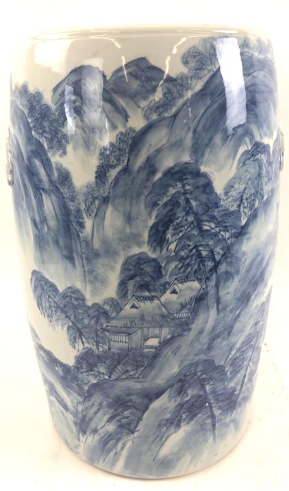Asian porcelain garden seat: 19"h x 11" dia Condition, some small scratches