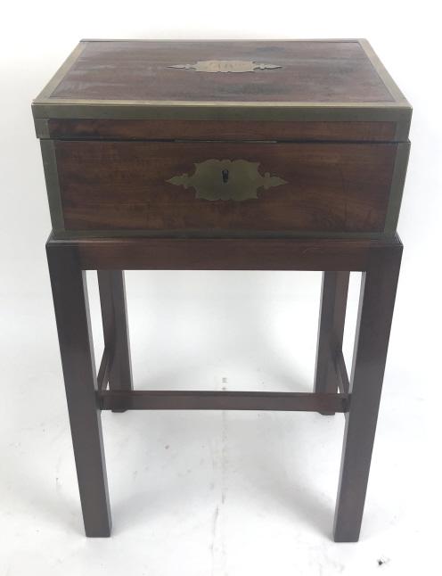 19th Century English mahogany vanity box: On later stand, manufactured by Chrisp, 34 Cockspur St, London 22"h x 13 1/4"w x 10"d Condition, cracks, scratches, overall wear, lid is out of alignment