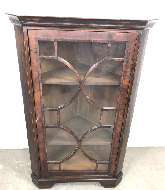 Mahogany corner cabinet: 42"h x 26"w x 15 1/4"d Condition, some scratches and scuffs