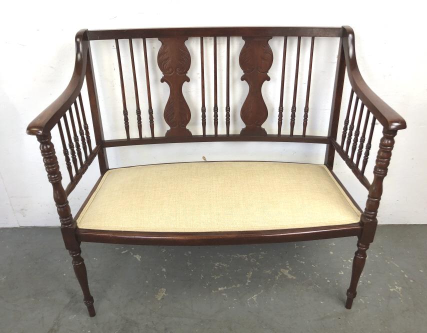 Mahogany settee: 35 1/2"h x 39 1/2"w x 19 1/2"d Condition, some scratches and scuffs