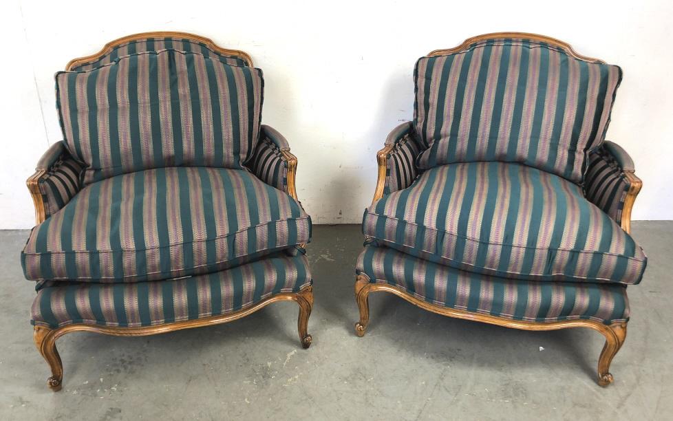 Pair of Louis XV style bergers: 35 1/2"h x 33 1/2"w x 29 21/4"d Condition, some scratches and scuffs to legs