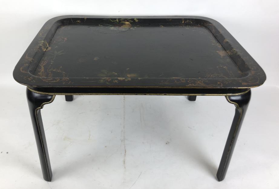 19th Century papier mache tray on later stand: 18 1/4"h x 30 3/4"w x23 1/4"d Condition, old repairs, some crazing, some chips