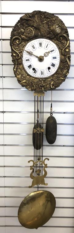 Dutch wall clock: 52"h x 12 3/4"w x 7"d Condition, untested, some bent metal, some dents