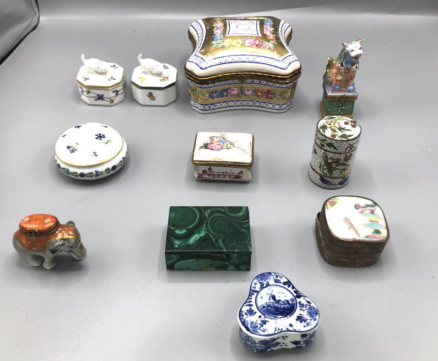Miscellaneous group of boxes: Approximately 11 Including Herend, enamel, malachite etc Largest 3 1/4"h x 6" sq Condition, some cracked and chipped enamel
