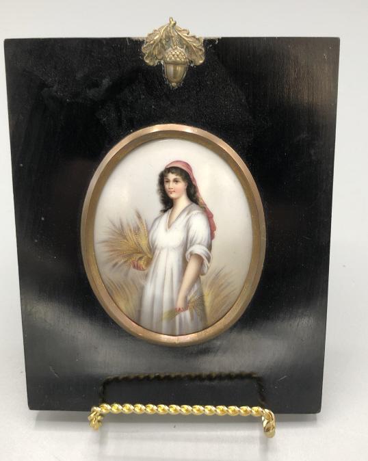 Hand painted porcelain miniature of Ruth: 3 1/4"h xc 2 1/2"w sight 6"h x 5 3/4" w overall Condition, some scratches to frame
