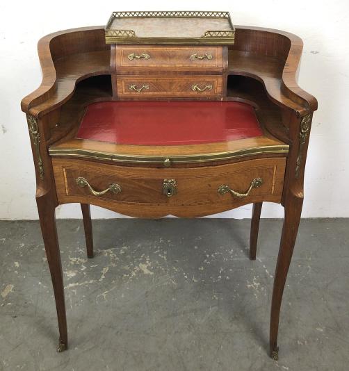 Louis XV style ladies writing desk: Stamped made in France 38"h x 20"w x 21"d Condition, some cracked and chipped veneer