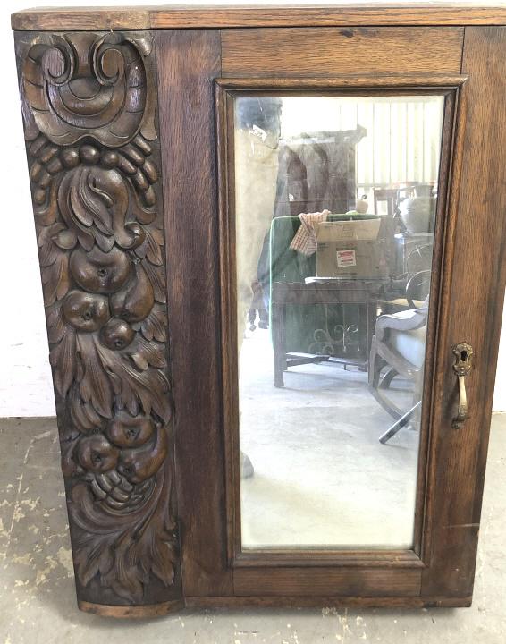 Carved oak hanging cabinet (1 of 3)