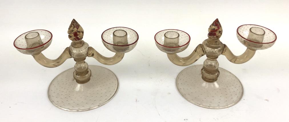 A Pair of Murano Style Glass Candelabras: 8" h x 11" w x 6 1/2" d Condition, good