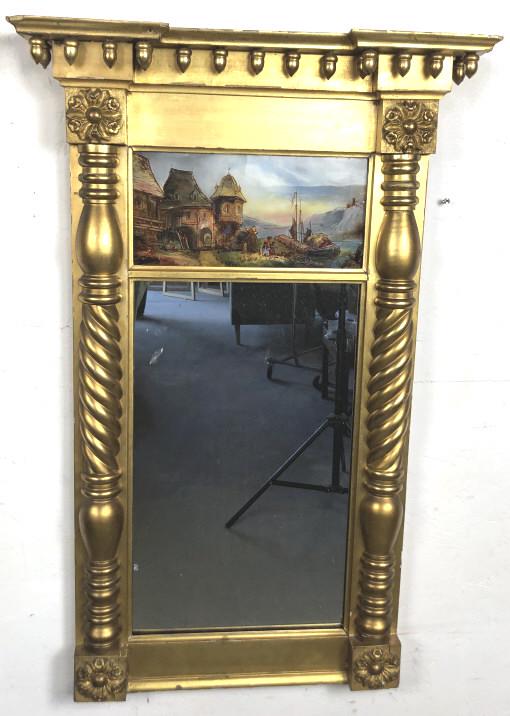 Giltwood pier mirror: With reverse painted panels 19th Century 35" h x 22" w Condition, some chips and gilt loss