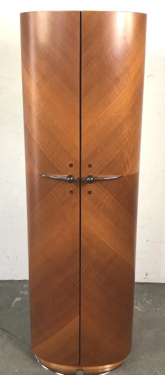 Italian oval walnut free standing cabinet: 62 3/4"h x 20"w x12 1/2"d Condition, metal needs polishing, some minor scratches