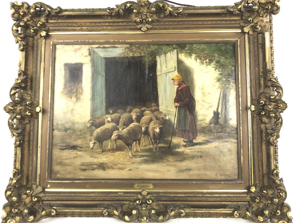 A. Leroux: Sheep leaving barn Oil on Canvas Sight is 18 1/2" x 25" Condition, Old repairs, some missing gesso and moulding to frame