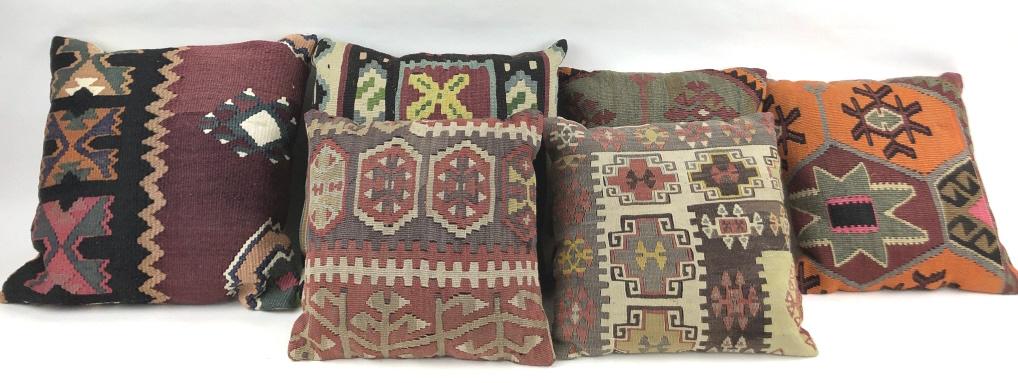 Group of 6 Kilim Cushions: Largest is 18 1/2" Square. Condition, minor stains, light wear