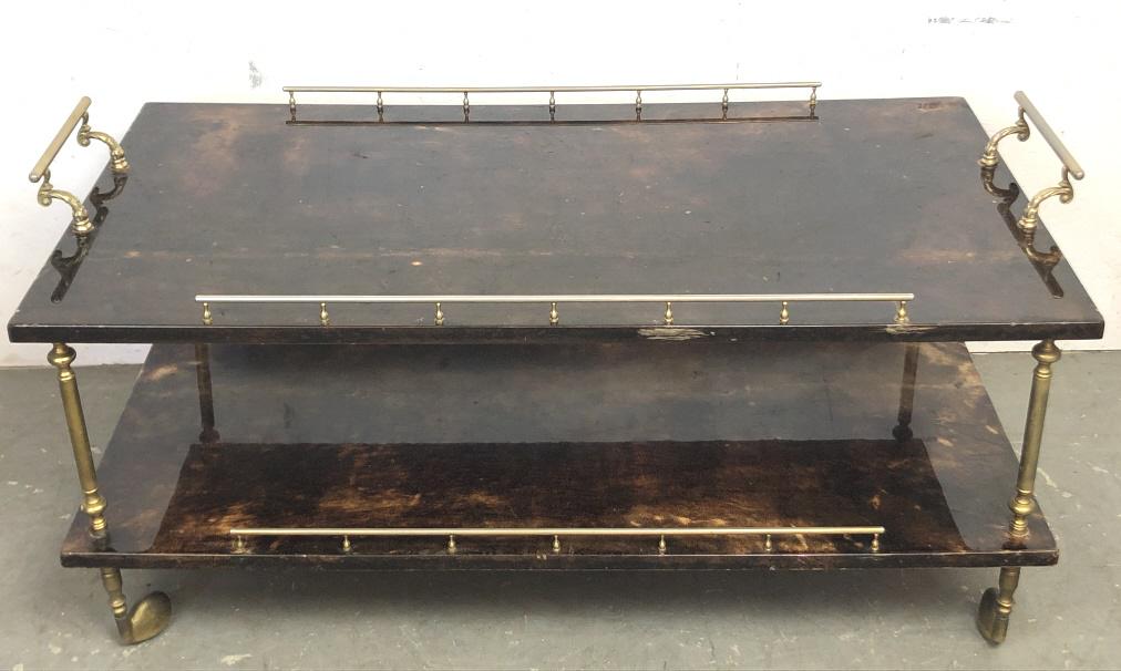 Aldo Tura Goat Skin Bar Cart: Label on Verso 21" h x 40 1/2" w x 21" d Condition, Worn gold plate, chips and blemishes on finish