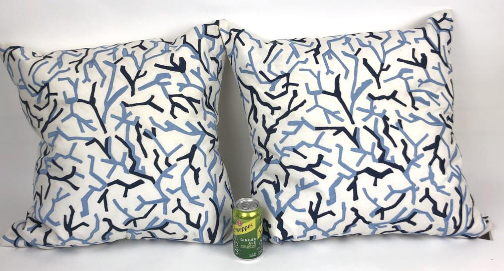 A Pair of Blue Coral Design Outdoor Cushions: Retailed by Bergdorf Goodman Size is 24" x 24" Condition, Good