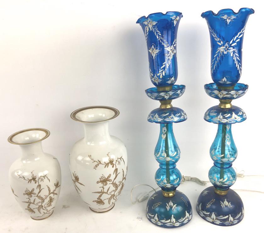 A Pair of Painted Blue Glass Lamps (1 of 5)