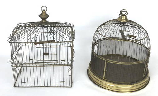 Two Metal Birdcages: Largest is 15" H x 12W" x 9"D. Condition, Some loose rods, needs cleaning