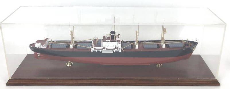 Ship Model of Carrier Jole: 10 1/4" H x 33 1/4" L x 8 1/4". D. Condition, some minor scratches to plexi glass.