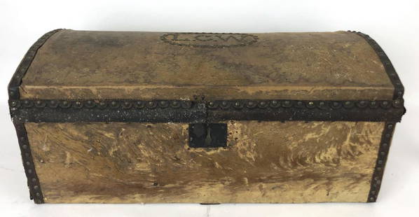 A 19th Century Hide Covered Trunk: With initials LCW, 13" h x 30"w x 16 1/2" d. Condition, old repairs, overall wear, needs cleaning, some cracks to hide.