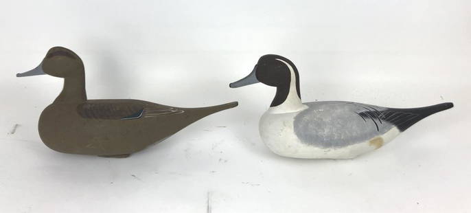 Two Hand Painted Signed Carved Decoy Ducks: Signed by James Frey ? Largest is 10 1/2" h x 18" w. Condition, minor scratches to paint.