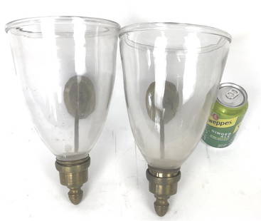 A Pair of Hurricane Shade Sconces: 12" h x 7" d. Condition, needs cleaning