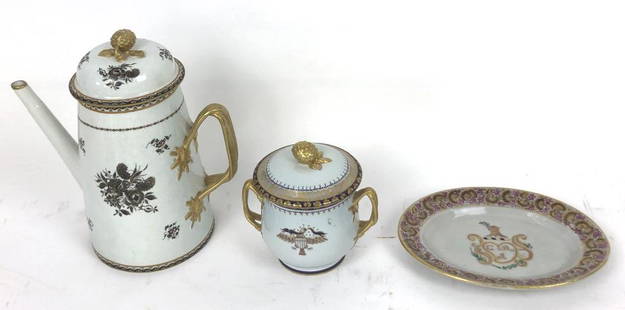 Mottahedeh Porcelain Coffee Pot: Together with Mottahedeh lidded sugarbowl and chinese style export dish Coffee pot is 9 3/4" h Condition, some rubbed gilt