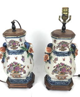 A Pair of Chinese Export Style Lamps: 19 1/2" H Condition, one missing light socket, untested..