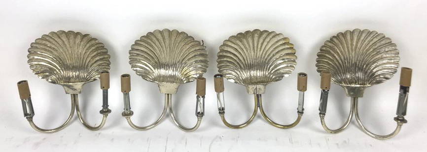 A Set of 4  Silver Plated Shell Motif Sconces: 9 1/4" h x 8" w Worn plate, untested, missing candle covers