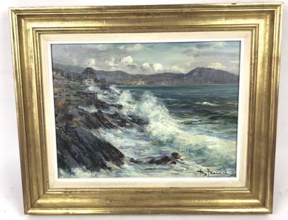 B. Ferrarai ( Italian): Coastal Scene Oil on Board, Signed (LR). Sight Image is 11 1/4" x 15" Condition, Good.