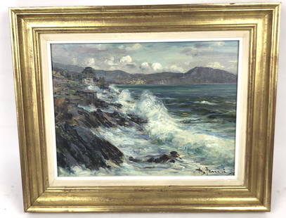 B. Ferrarai ( Italian): Coastal Scene Oil on Board, Signed (LR). Sight Image is 11 1/4" x 15" Condition, Good.