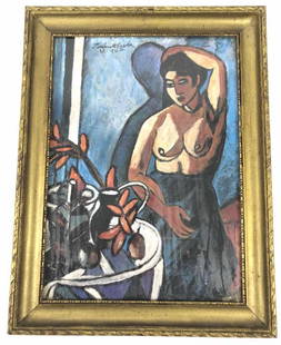 Cubist Style Nude: Hungarian signed (UL) Oil on board. Image Sight is 14 1/4" x 10 1/4". Condition, some wear to frame