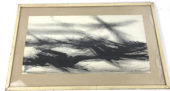 Ann Frielich: Ink on Paper Image Sight is 13 1/2" x 27", Signed (LR) Condition, water damage to matting, overall wear to frame