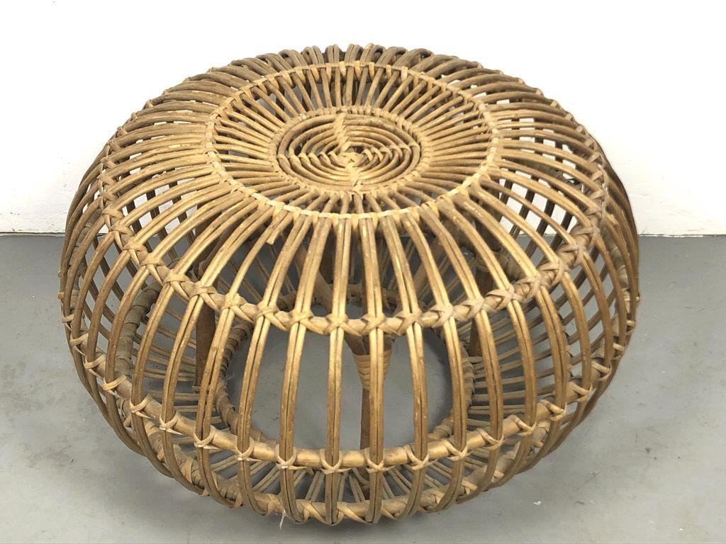 Italian Bamboo Ottoman / Side Table: 13 1/2" H X 23 1/2" diameter. Condition, some broken and cracked bamboo.