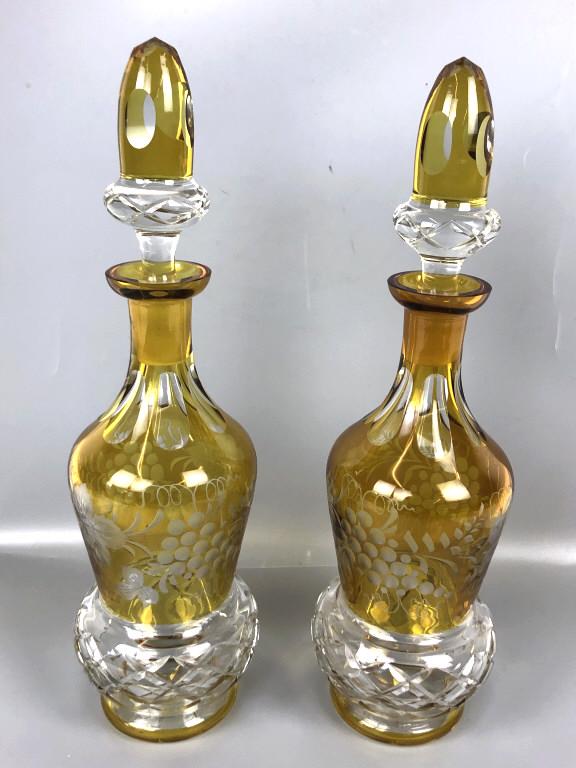 Pair of yellow crystal etched glass decanters (1 of 6)
