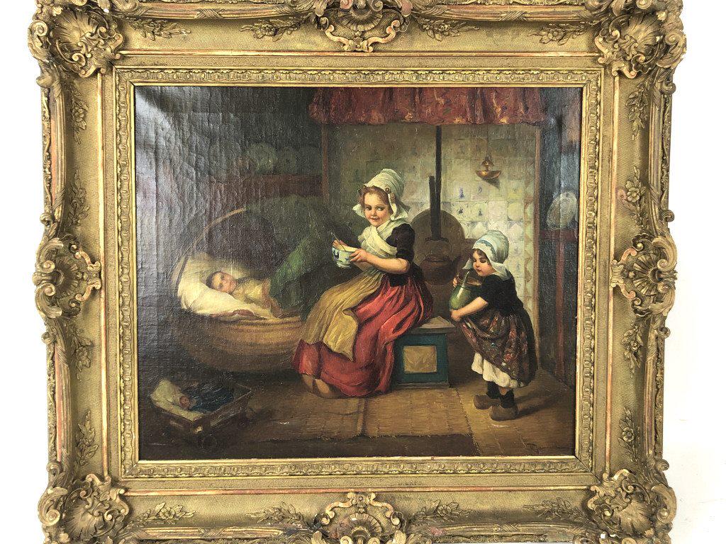 Mothers Helpers: Dutch School, 19th century, oil on canvas. Signed (lr) Image Sight is 19" x 22 3/4" Condition, some chips to frame, loss of gilt, scratch to canvas