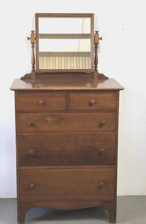 Stickley Fayetteville 5 Drawer Chest.: 66" h x 34" w x 20 1/4" d. Condition, some wear to finish, scratches and scuffs, old repair to handle