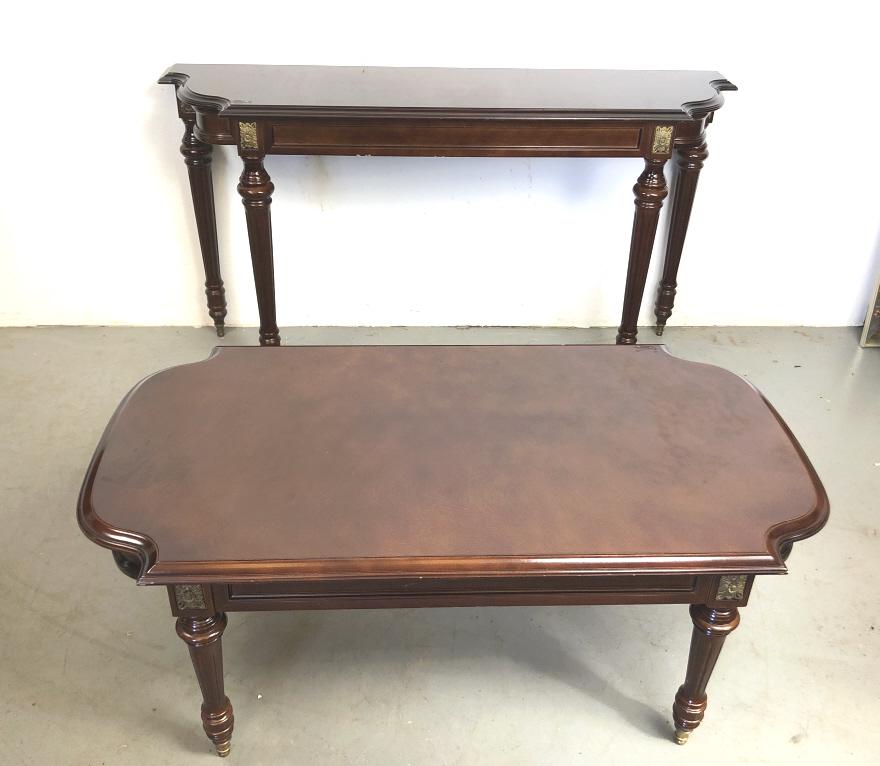 Mahogany Console: Together with Mahogany Low Table. Console is 29 1/2" h x 56" w x 14 1/2" d. Condition, some scratches and chips