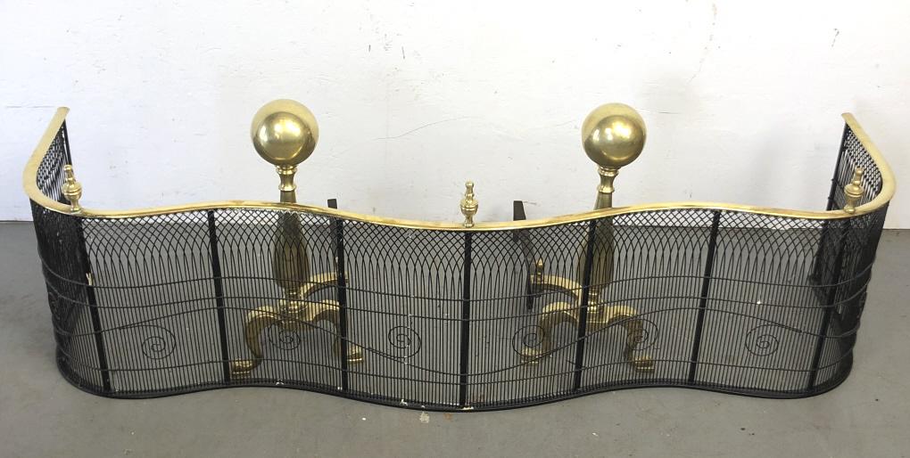 Wire and Brass Fireplace Fender: Together with a pair of andirons. 16 1/2" h x 53 1/4" w x 16" d. Condition, some scratches and dents, needs polishing